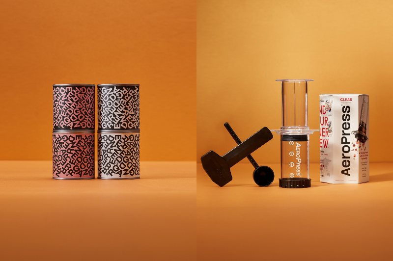 A composition of two photos, the first depicting 4 tins of coffee beans with the Dear Green logo, and the other image of a clear Aeropress and its packaging.