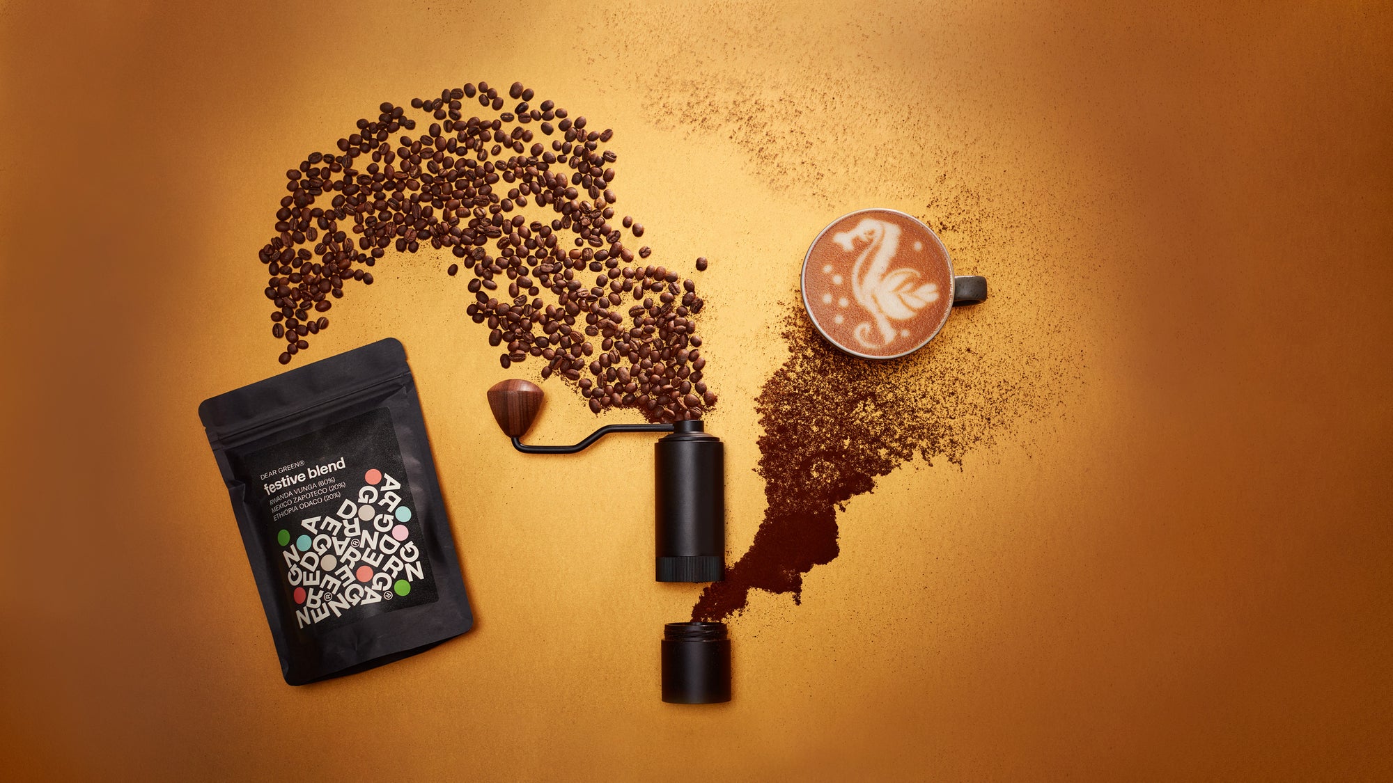 Dear Green Festive Blend 2023. Image of 250g bag of coffee with coffee grinder, coffee and latte art.