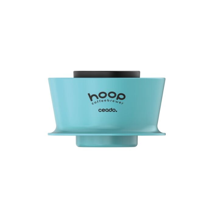 Turquoise coffee brewer with &#39;hoop&#39; branding on a white background