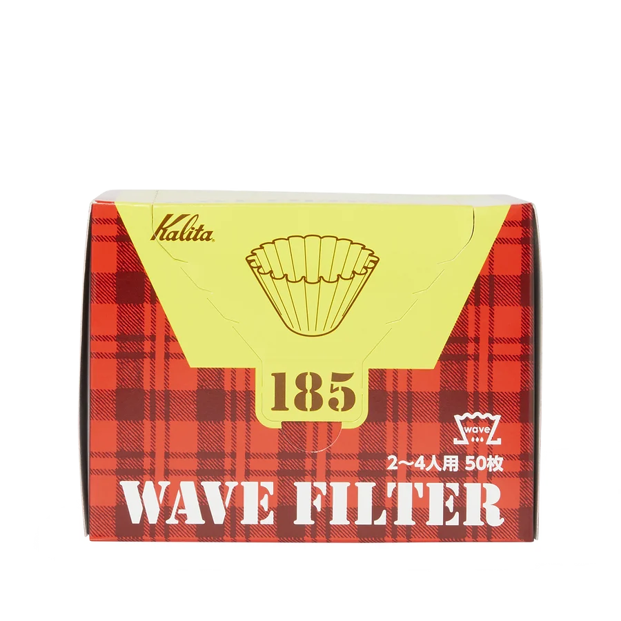 A box of Kalita 185 Wave Filter coffee filters, featuring a red and black plaid pattern with a yellow triangular top section and white text.