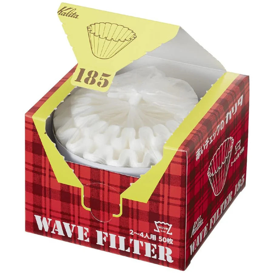 Kalita Wave 185 filter papers in packaging with red and yellow design on a white background