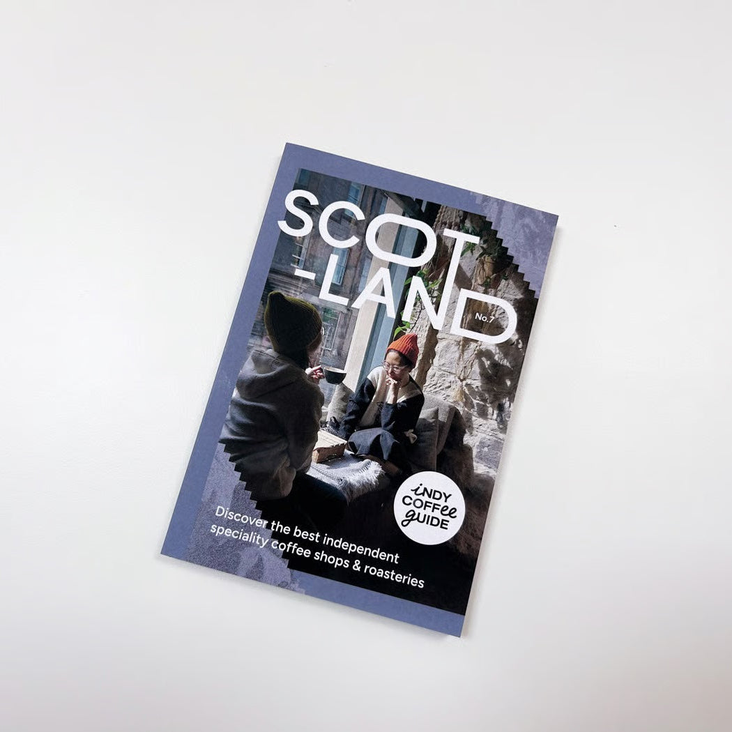 Booklet titled 'Scotland' by Indy Coffee Guide on a white background